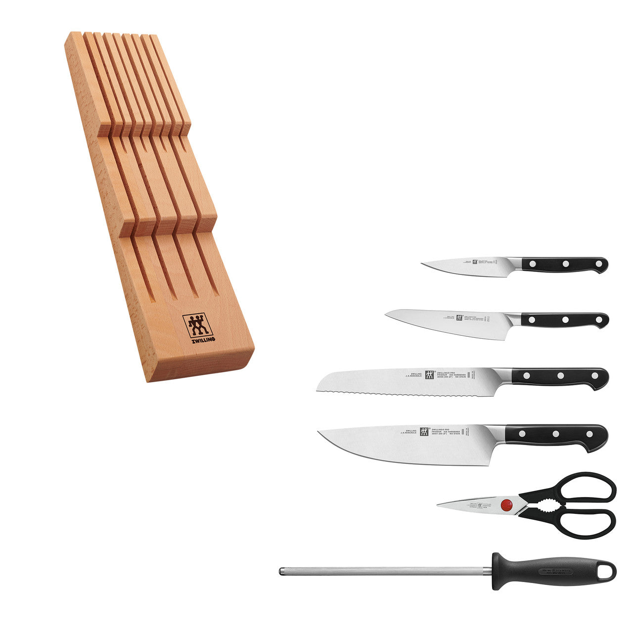 ZWILLING Pro 7-pc Block Set w/ Beechwood In-Drawer Knife Tray