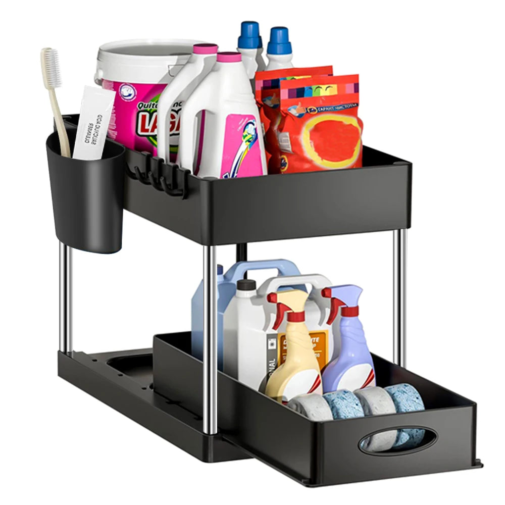 2-Tier Under Sink Organizer with Sliding Baskets & Hooks – Cabinet Storage Rack
