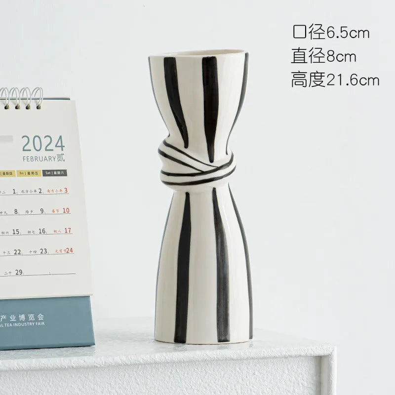 Double Ear Ceramic Vase – Abstract Black & White Striped