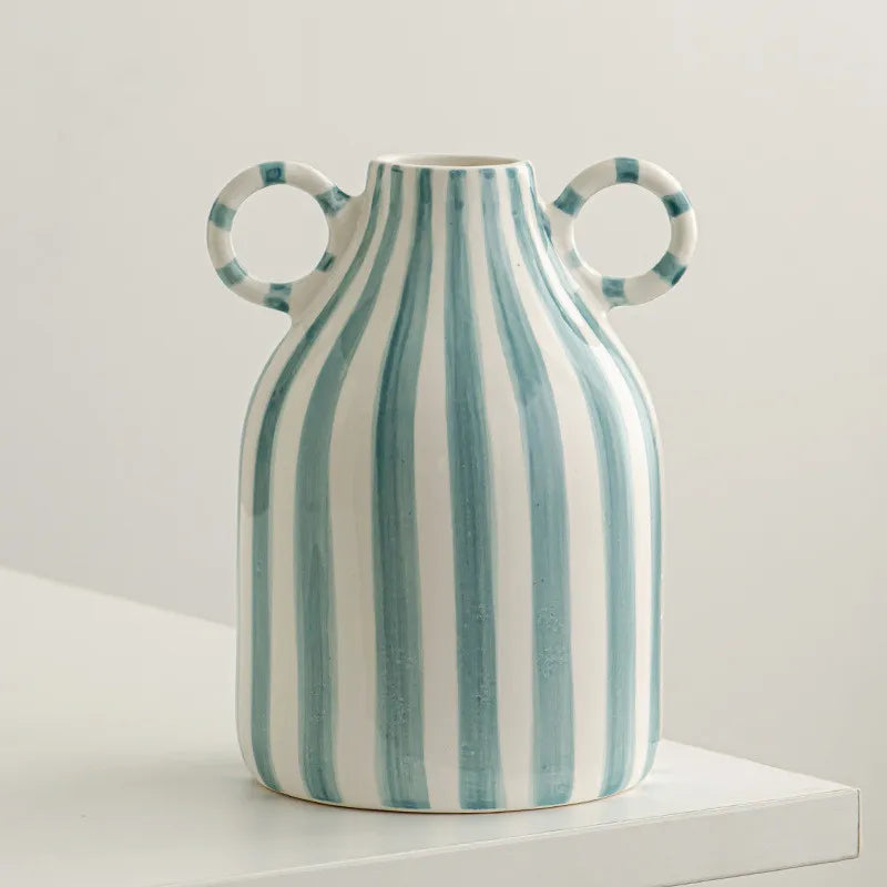 Double Ear Ceramic Vase – Abstract Black & White Striped