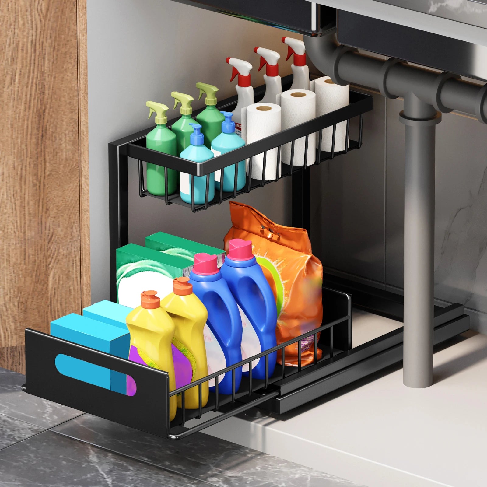 Under Sink Organizers and Storage 2 Tier Slide Out Kitchen Cabinet Organizer Sturdy Metal Bathroom Cabinet Organizer
