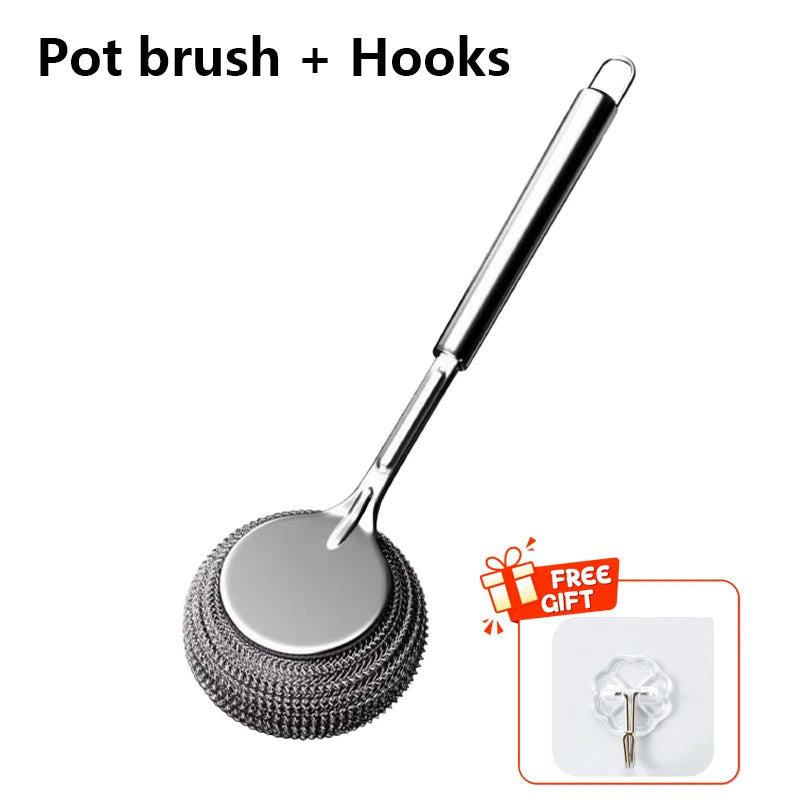 Stainless Steel Pot Brush with Long Handle – Heavy-Duty Dish Scrubber for Pans, Pots & Grills