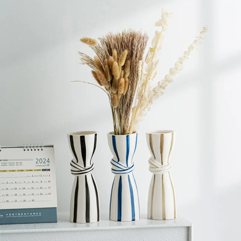 Double Ear Ceramic Vase – Abstract Black & White Striped