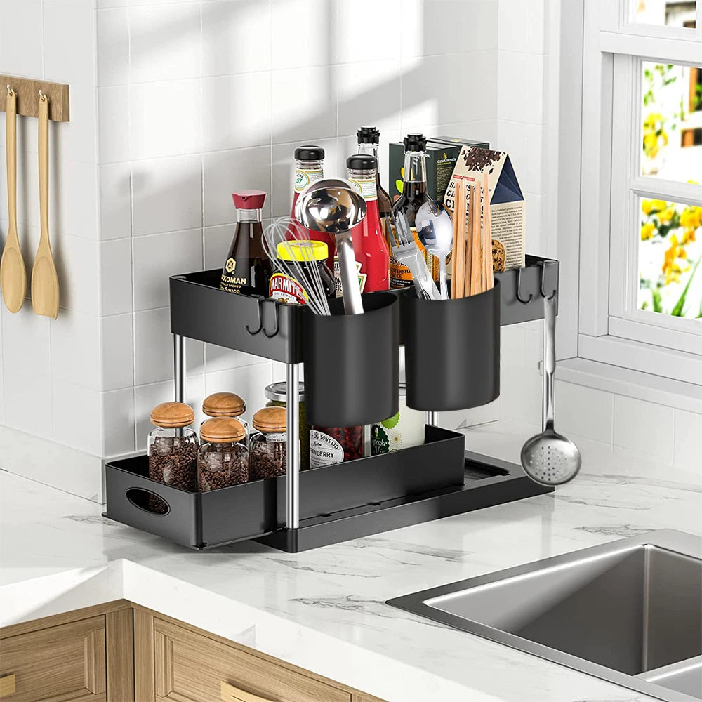 2-Tier Under Sink Organizer with Sliding Baskets & Hooks – Cabinet Storage Rack