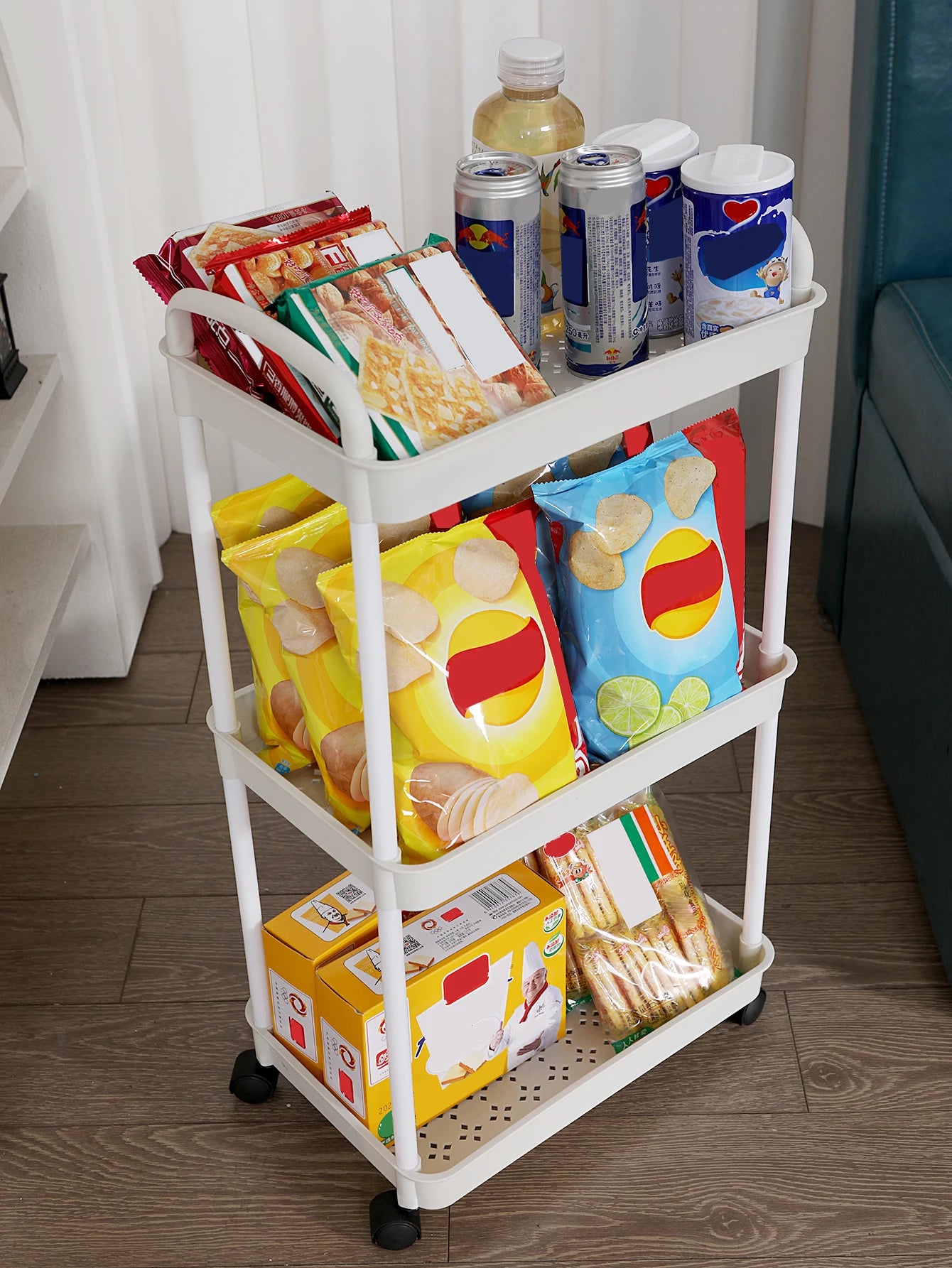 3/4-Tier Movable Storage Trolley with Lockable Wheels