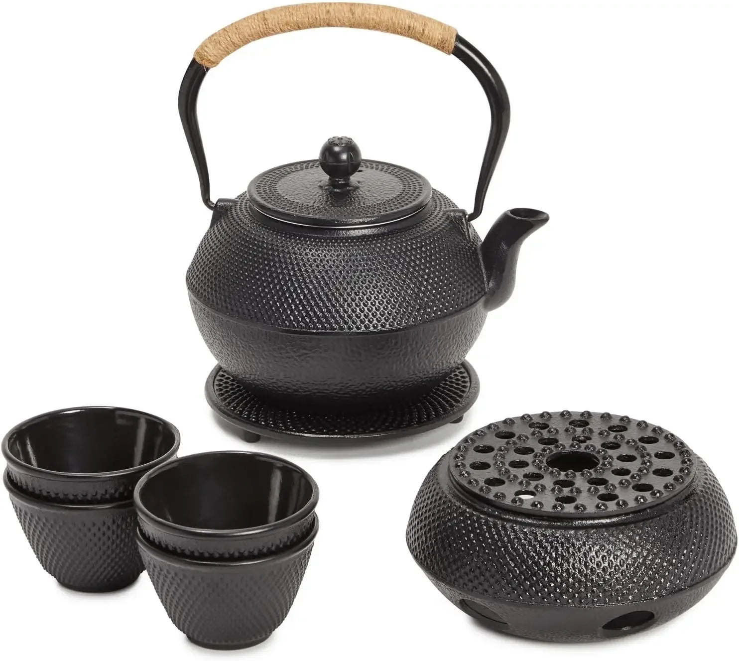 Cast Iron Tea Kettle Set for Stovetop – Japanese Hobnail Design Teapot with Warmer, Infuser, Trivet & 4 Teacups