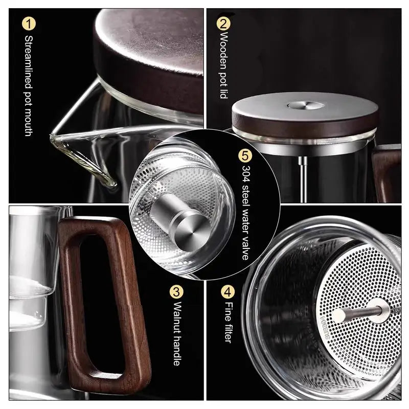 Heat-Resistant Tea Pot with Wooden Handle & Press-Control Strainer