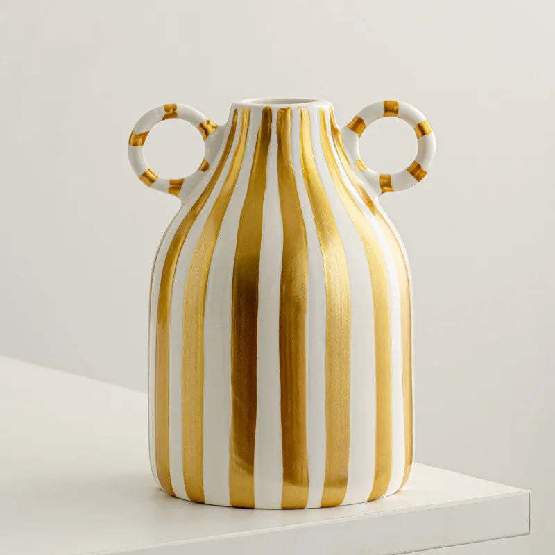 Double Ear Ceramic Vase – Abstract Black & White Striped