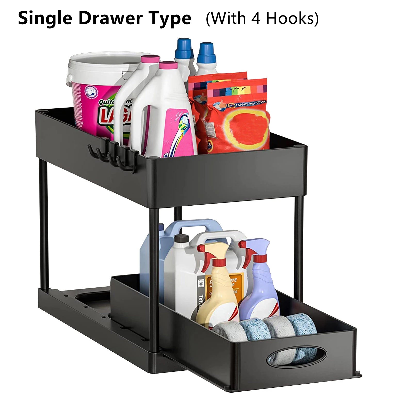 2-Tier Under Sink Organizer with Sliding Baskets & Hooks – Cabinet Storage Rack