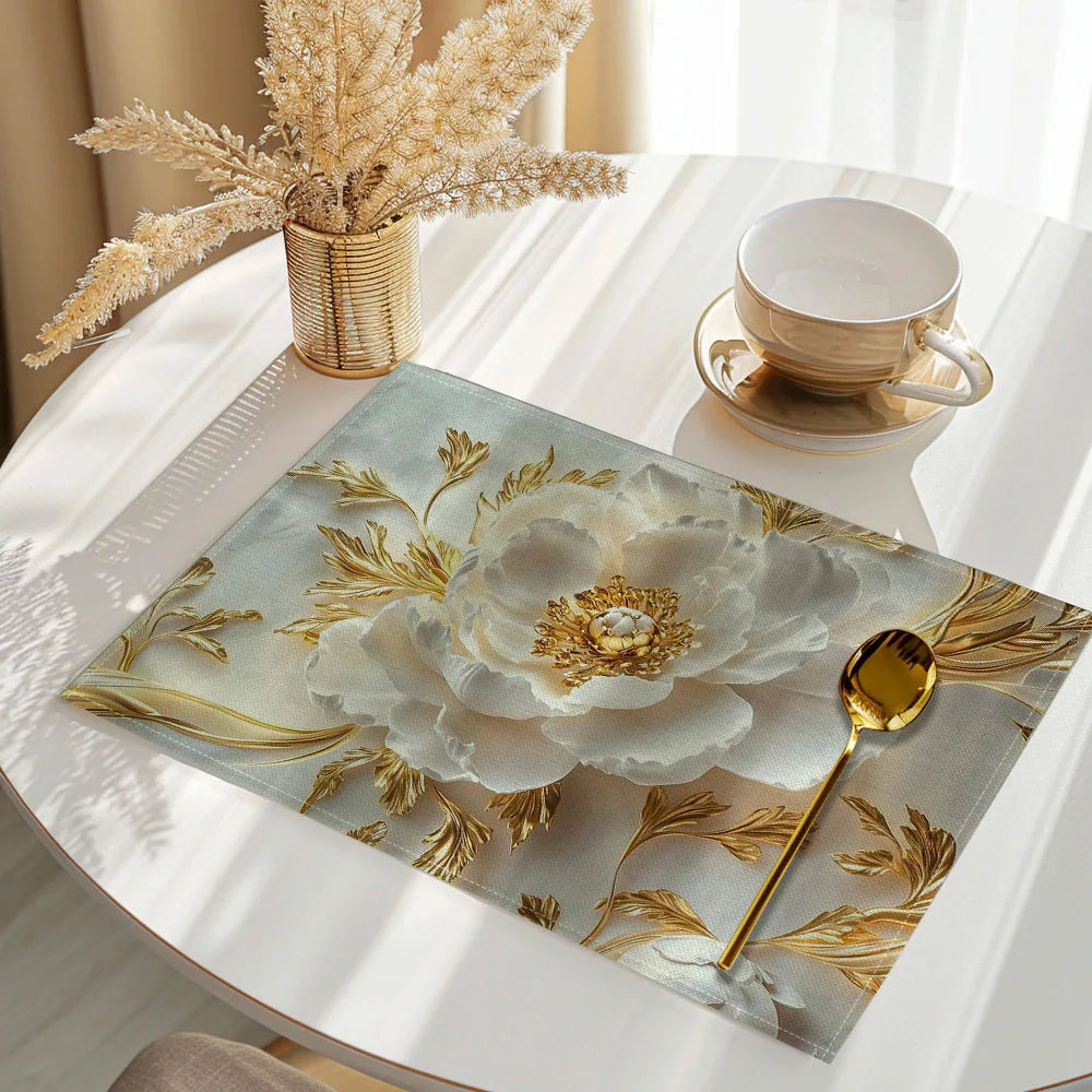 4pcs Elegant Floral Placemats – Rectangular Linen Table Mats, Machine Washable, Heat-Resistant