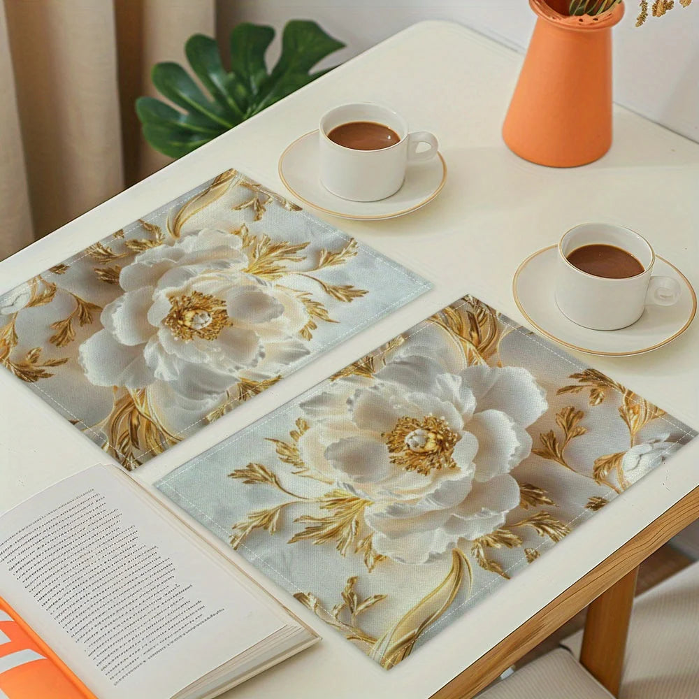 4pcs Elegant Floral Placemats – Rectangular Linen Table Mats, Machine Washable, Heat-Resistant