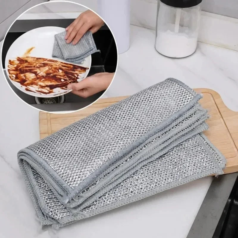 Steel Wire Cleaning Cloths – Non-Scratch Double-Layer Microfiber Dish Rags for Kitchen, Pot & Surface Cleaning