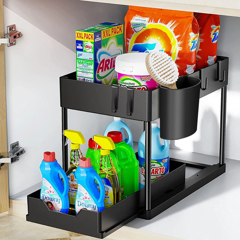 2-Tier Under Sink Organizer with Sliding Baskets & Hooks – Cabinet Storage Rack