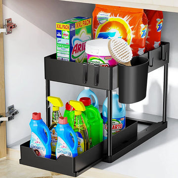 2-Tier Under Sink Organizer with Sliding Baskets & Hooks – Cabinet Storage Rack