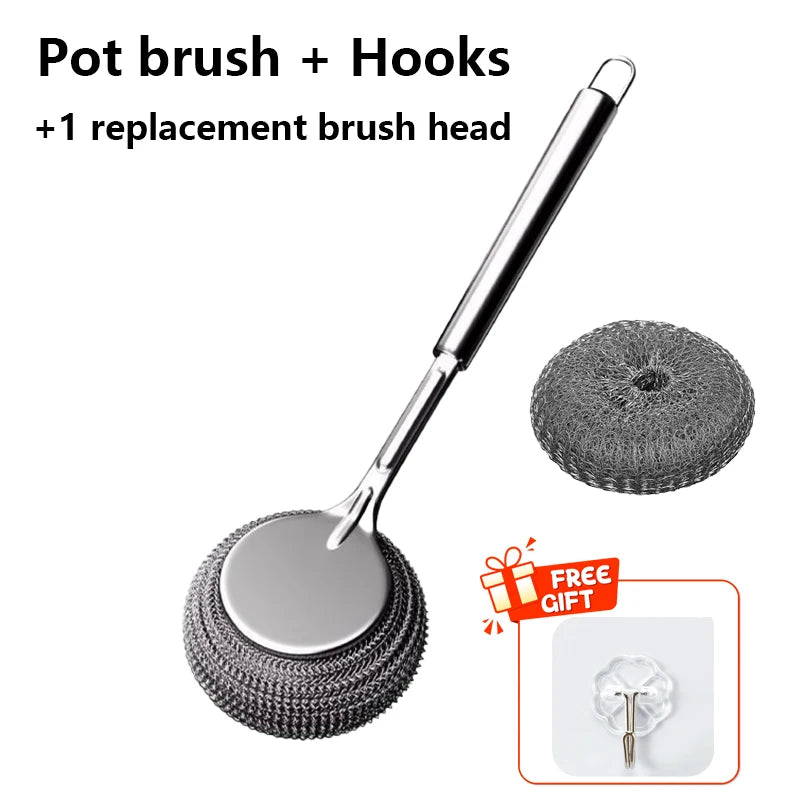 Stainless Steel Pot Brush with Long Handle – Heavy-Duty Dish Scrubber for Pans, Pots & Grills