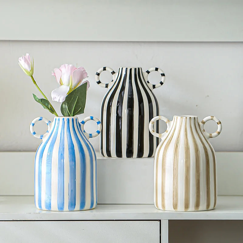 Double Ear Ceramic Vase – Abstract Black & White Striped