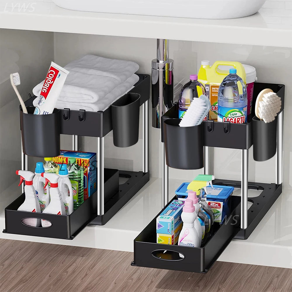 2-Tier Under Sink Organizer with Sliding Baskets & Hooks – Cabinet Storage Rack