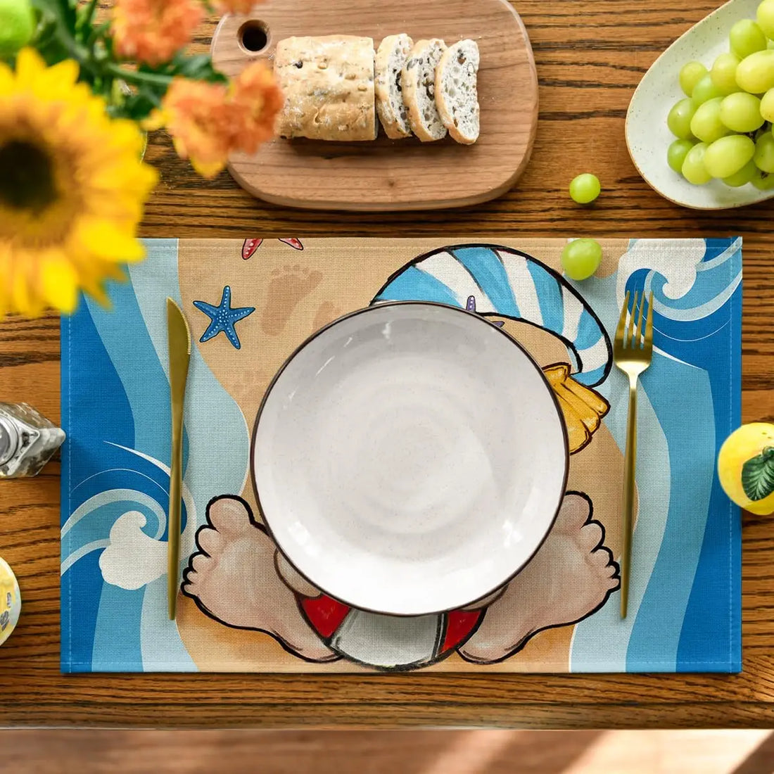 4 Summer Placemats – 12x18" Gnome Beach Ball Table Mats for Kitchen, Dining, and Party Décor