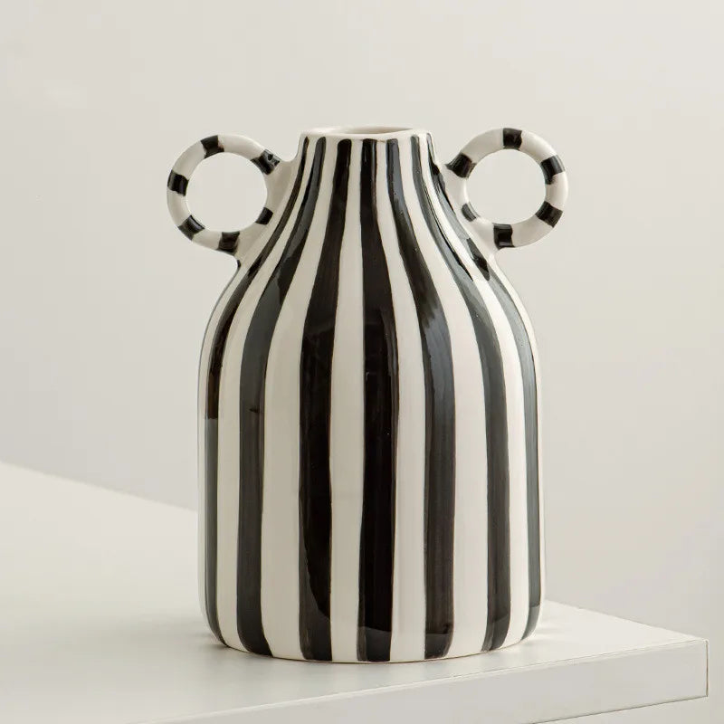 Double Ear Ceramic Vase – Abstract Black & White Striped