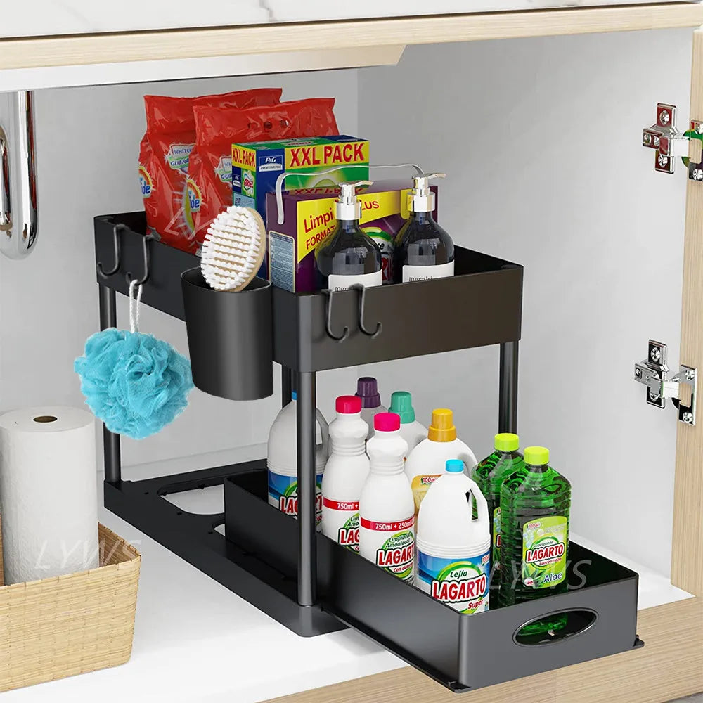 2-Tier Under Sink Organizer with Sliding Baskets & Hooks – Cabinet Storage Rack