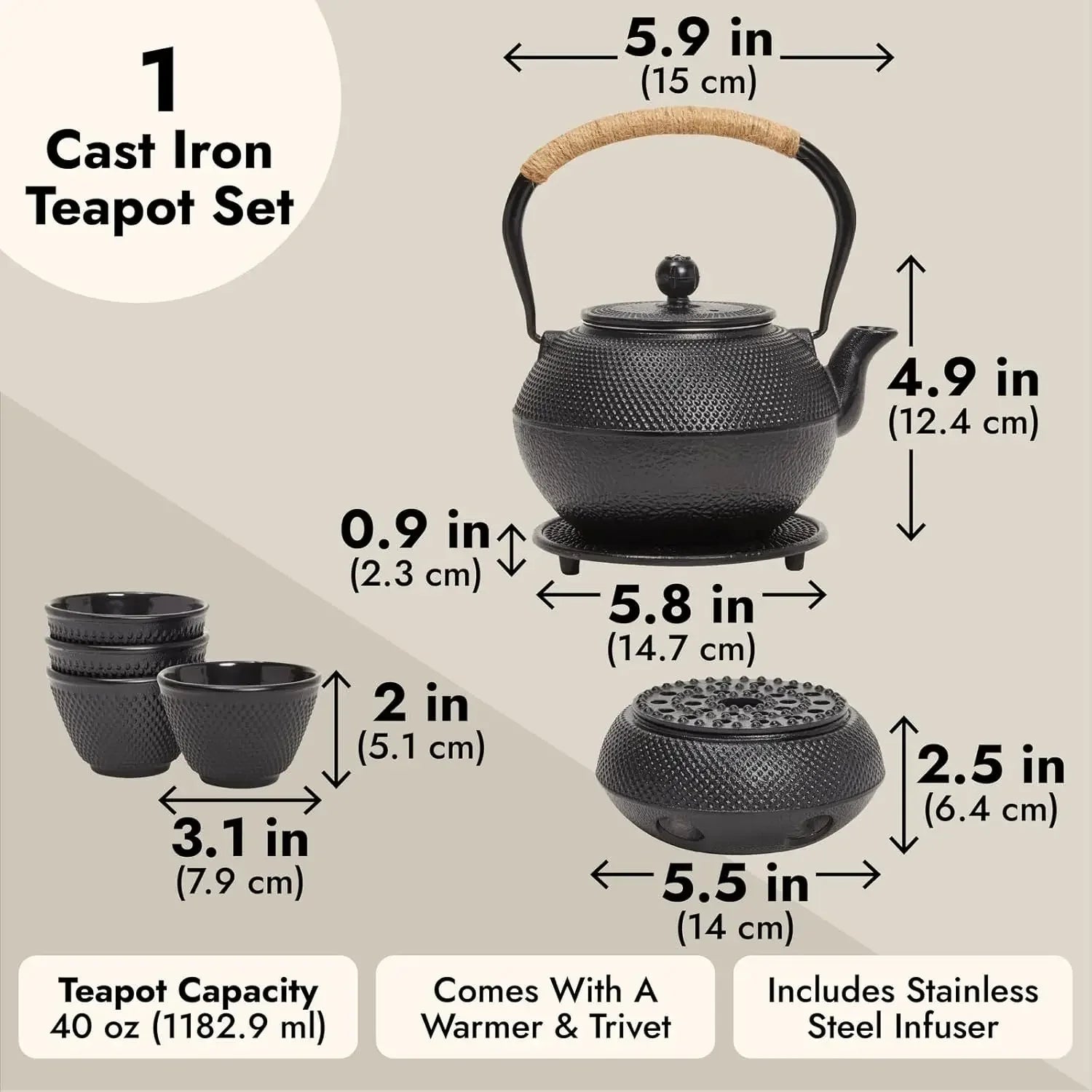 Cast Iron Tea Kettle Set for Stovetop – Japanese Hobnail Design Teapot with Warmer, Infuser, Trivet & 4 Teacups