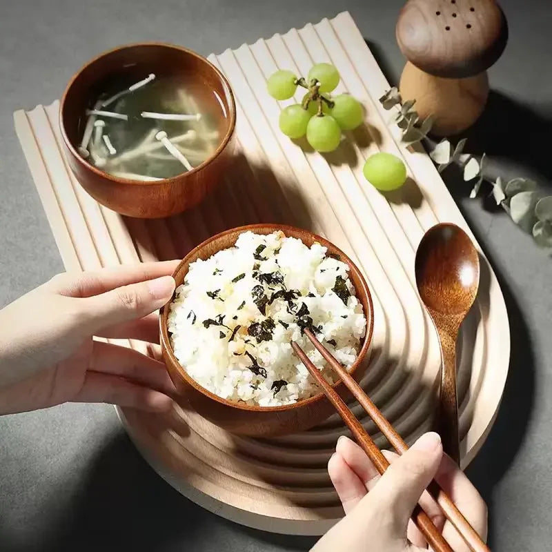 Japanese Wooden Bowl – Jujube Wood Soup & Salad Bowl for Kids & Adults | Retro Solid Wood Tableware