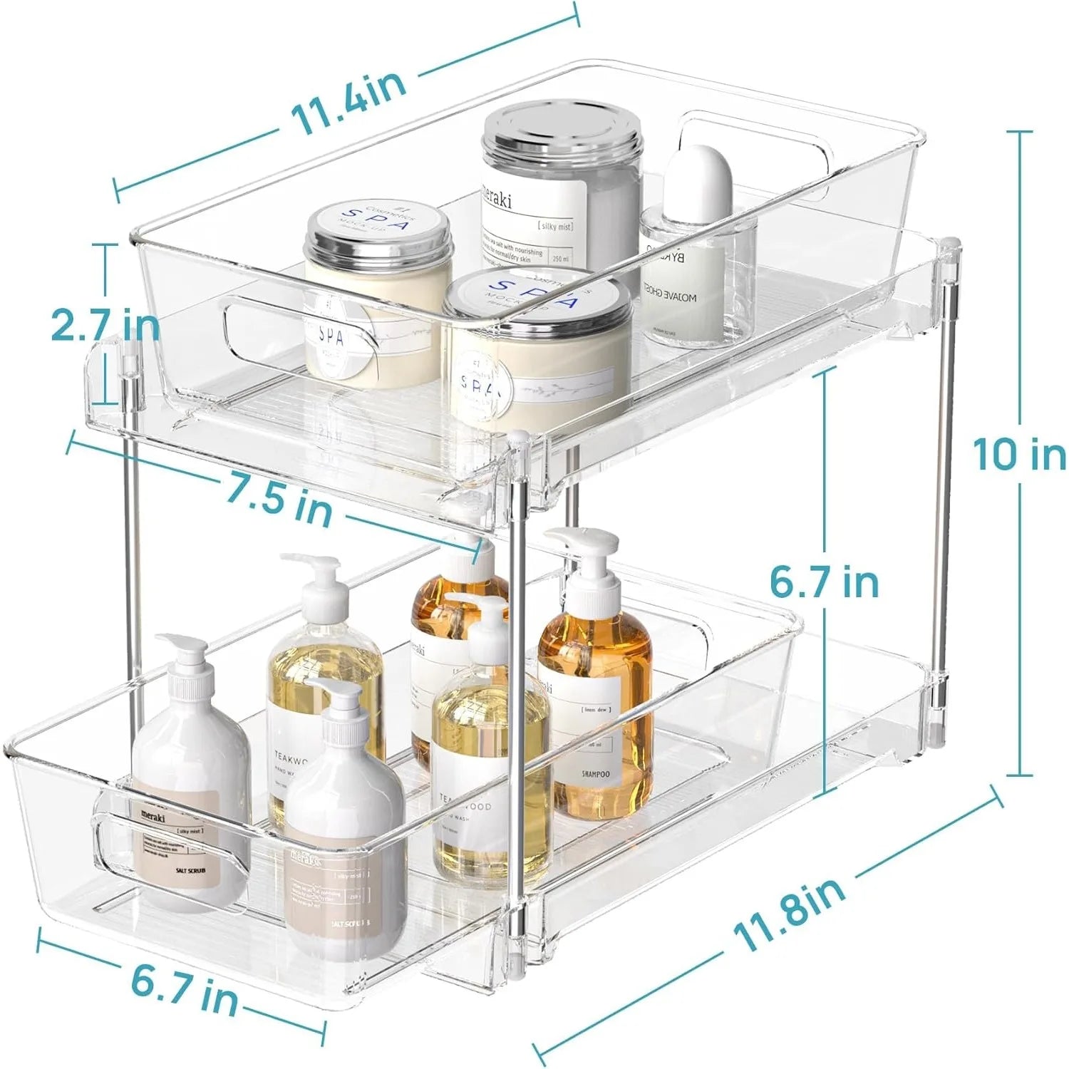 4 Pack Bathroom Organizer, 2 Tier Clear Under Sink Organizers Vanity Countertop Storage Container,Cabinet Drawers Bins, Kitchen