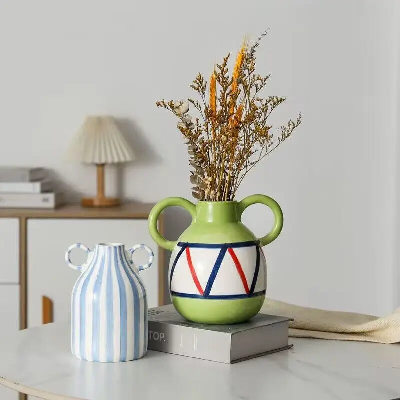 Double Ear Ceramic Vase – Abstract Black & White Striped