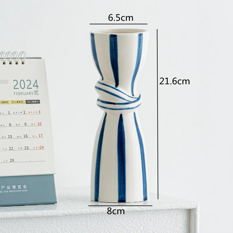 Double Ear Ceramic Vase – Abstract Black & White Striped