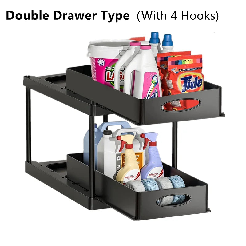 2-Tier Under Sink Organizer with Sliding Baskets & Hooks – Cabinet Storage Rack