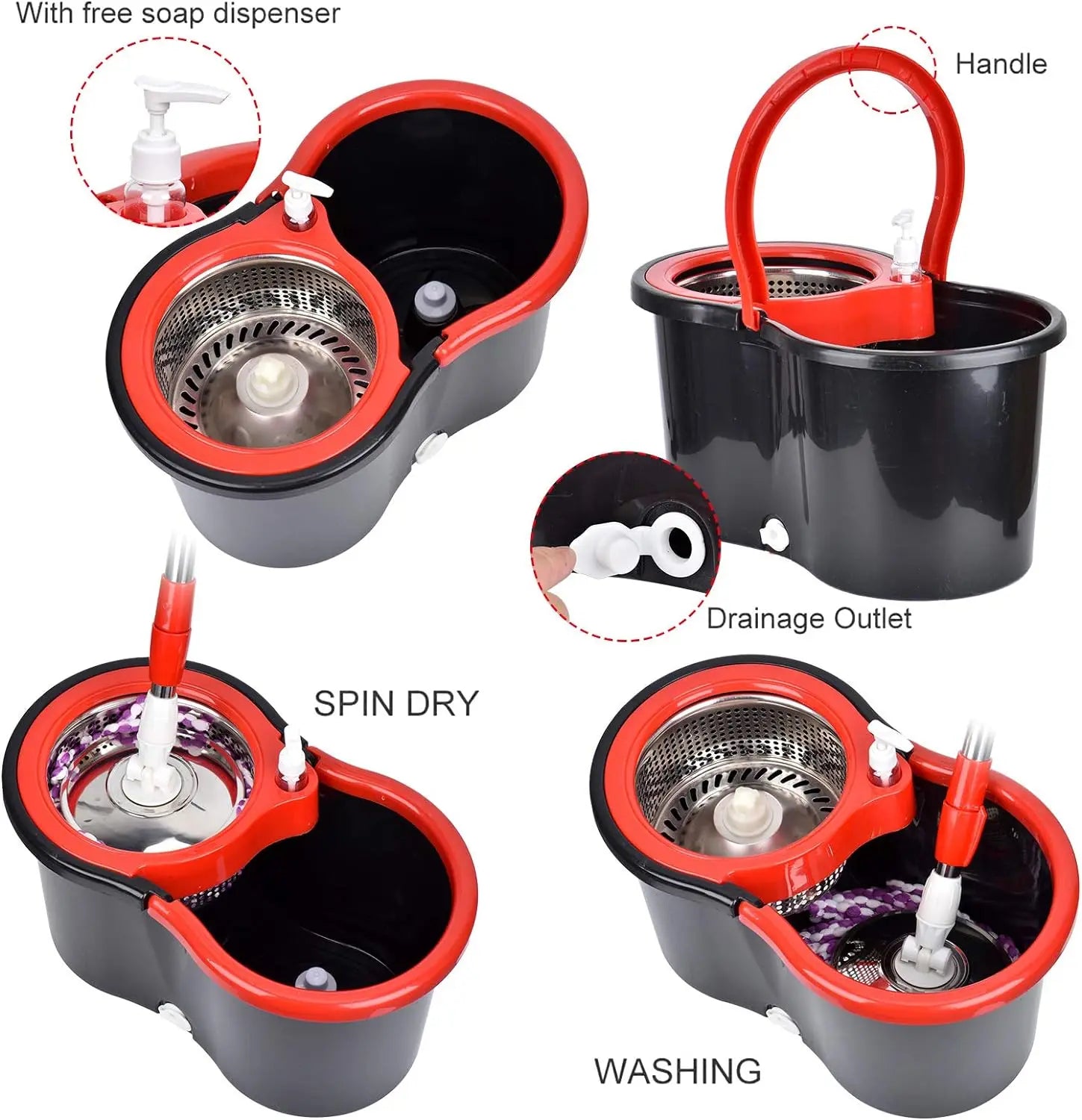 360° Spin Mop and Bucket Set with Stainless Steel Basket
