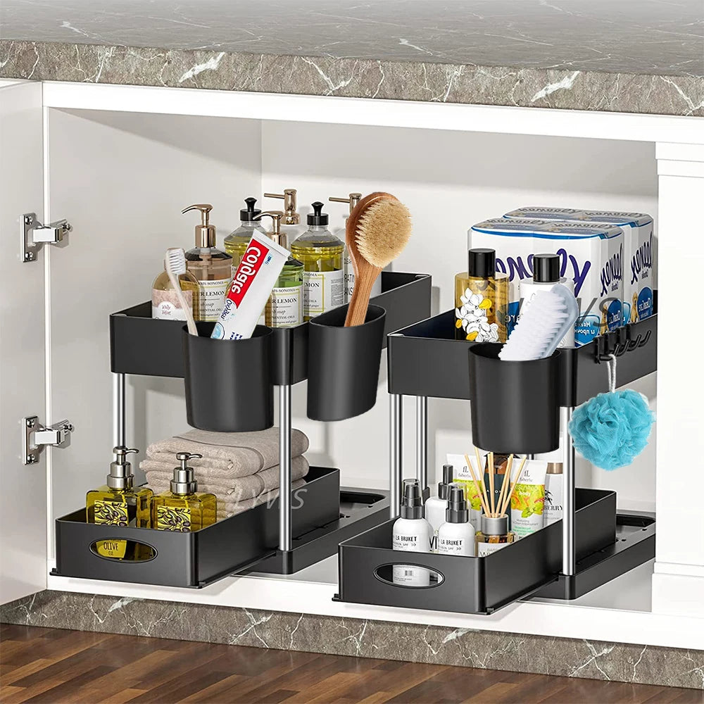 2-Tier Under Sink Organizer with Sliding Baskets & Hooks – Cabinet Storage Rack