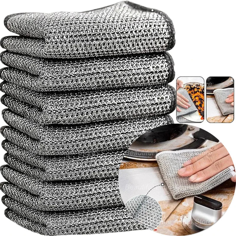 Steel Wire Cleaning Cloths – Non-Scratch Double-Layer Microfiber Dish Rags for Kitchen, Pot & Surface Cleaning