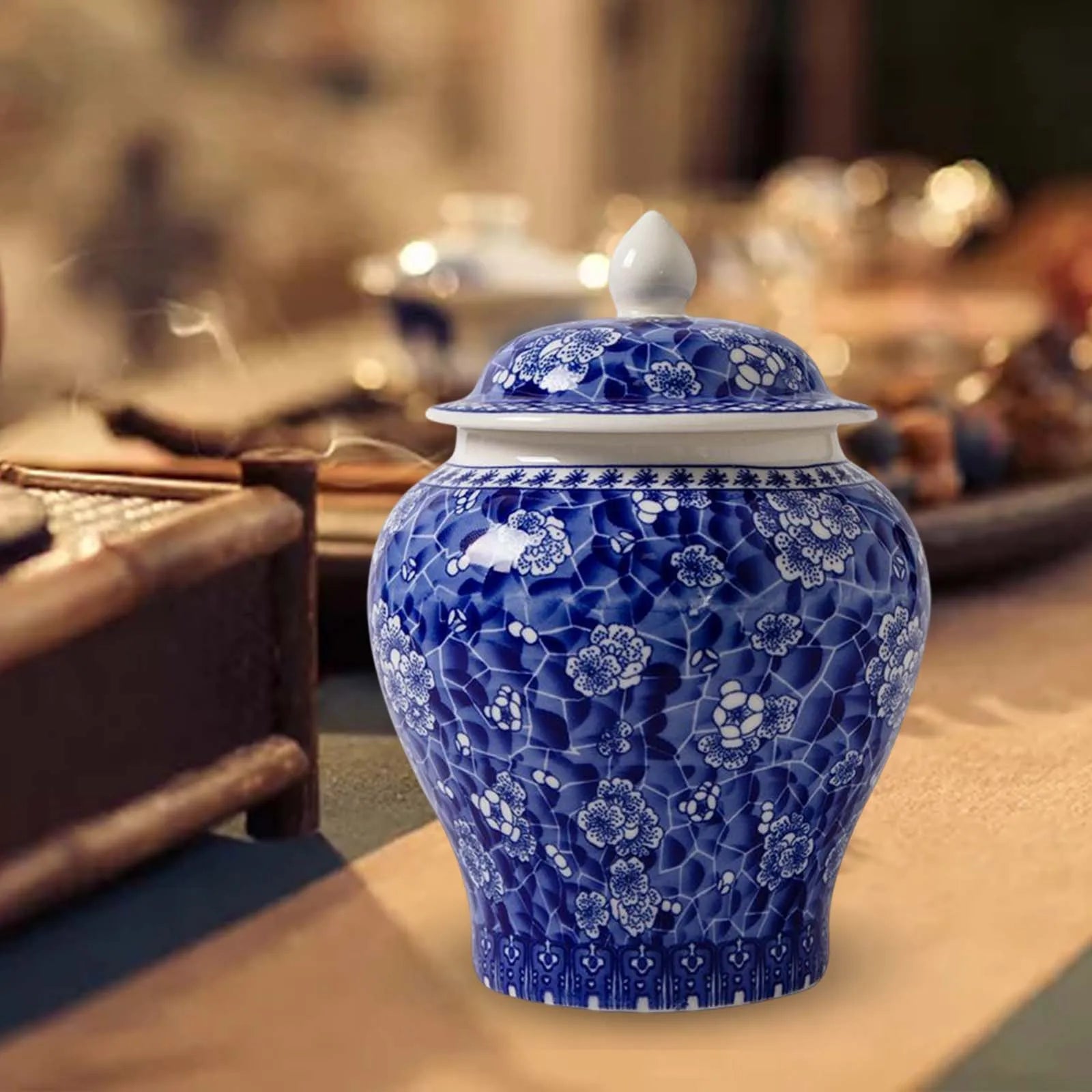 Blue and White Chinese Ceramic Ginger Jar with Lid