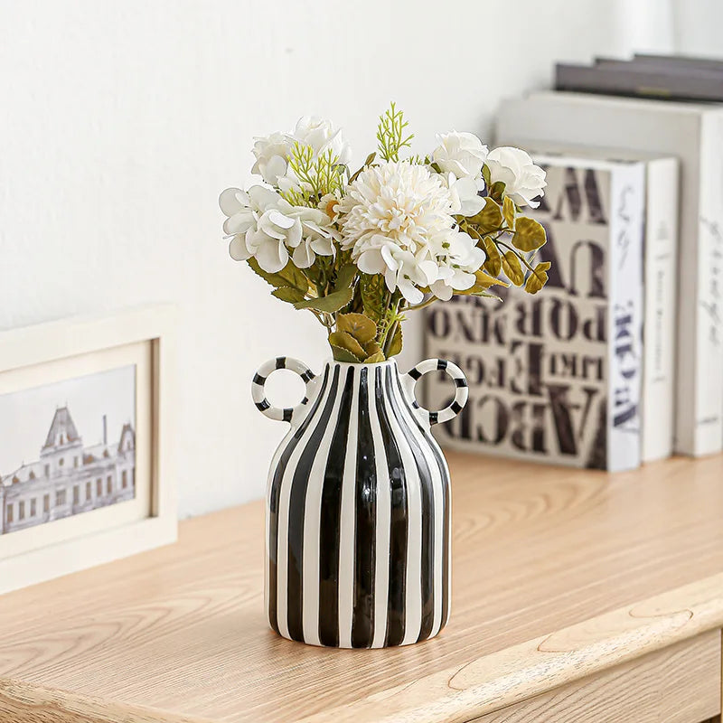 Double Ear Ceramic Vase – Abstract Black & White Striped