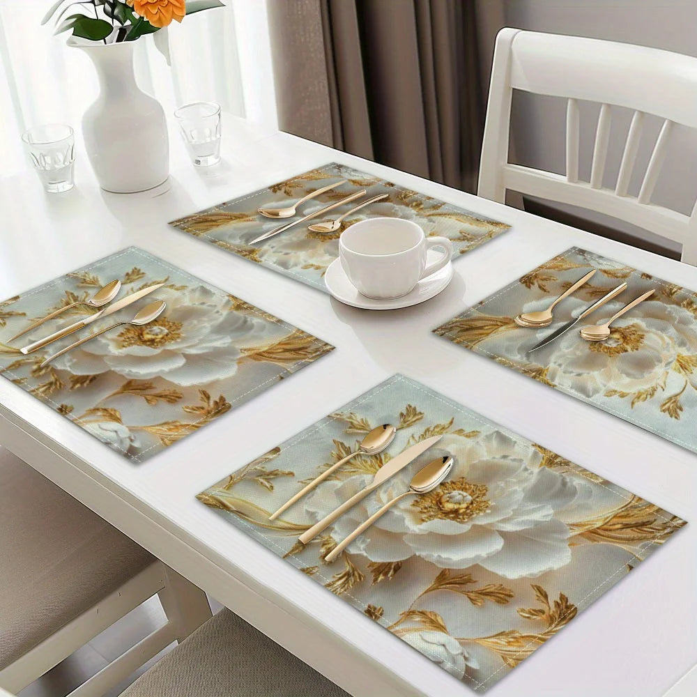 4pcs Elegant Floral Placemats – Rectangular Linen Table Mats, Machine Washable, Heat-Resistant
