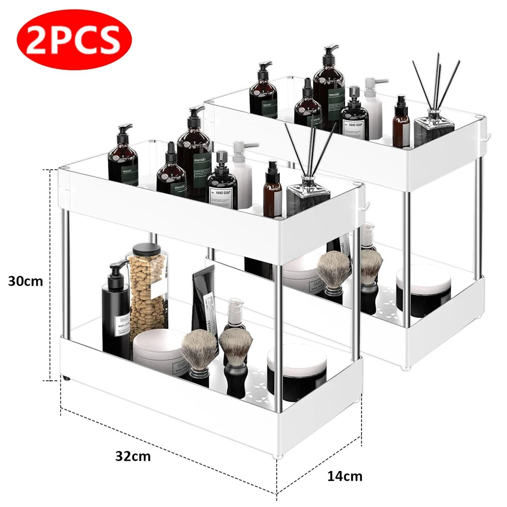 2-Tier Under Sink Organizer with Sliding Baskets & Hooks – Cabinet Storage Rack
