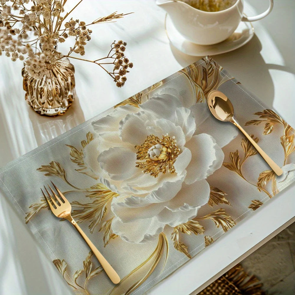 4pcs Elegant Floral Placemats – Rectangular Linen Table Mats, Machine Washable, Heat-Resistant