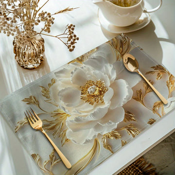 4pcs Elegant Floral Placemats – Rectangular Linen Table Mats, Machine Washable, Heat-Resistant