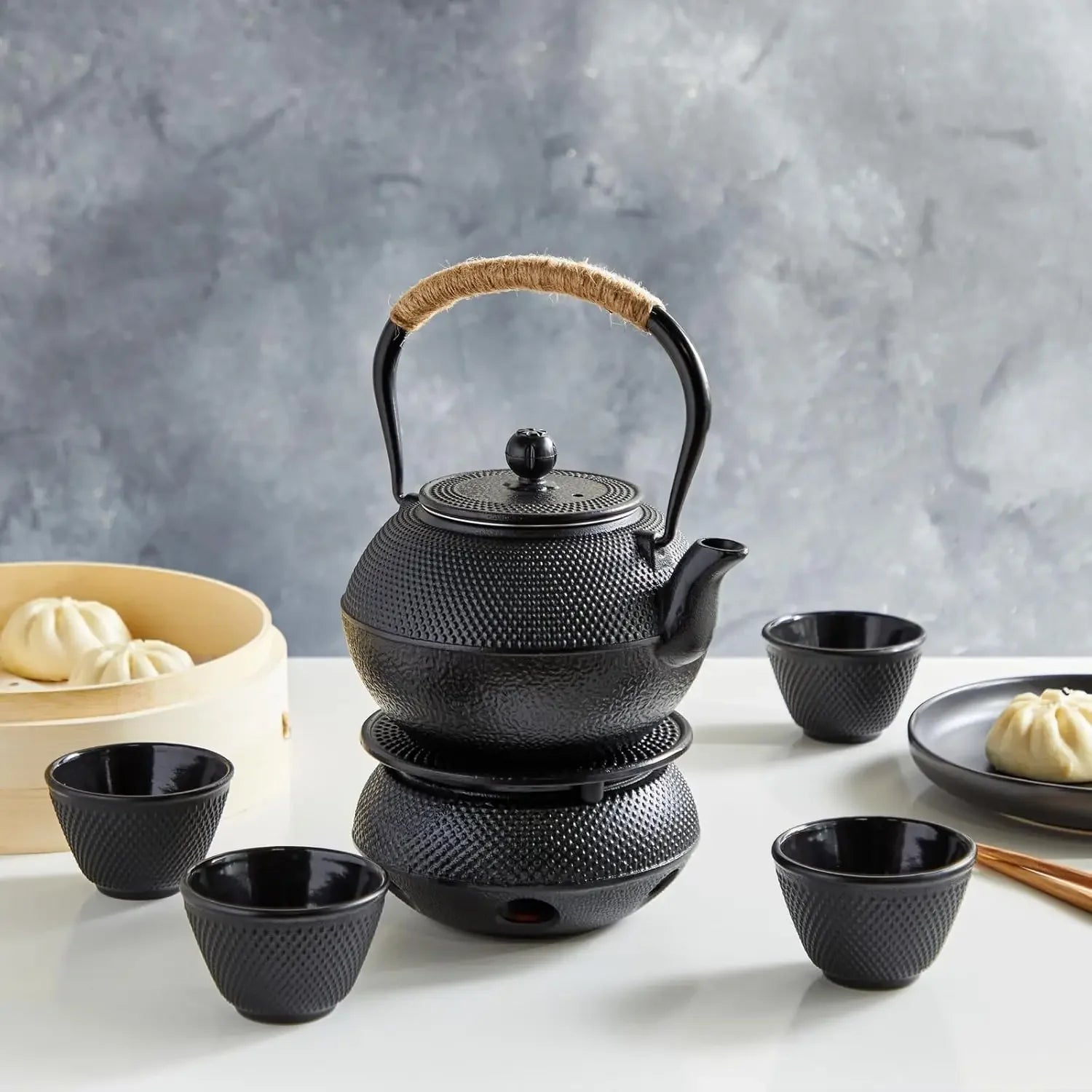 Cast Iron Tea Kettle Set for Stovetop – Japanese Hobnail Design Teapot with Warmer, Infuser, Trivet & 4 Teacups