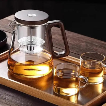 Heat-Resistant Tea Pot with Wooden Handle & Press-Control Strainer