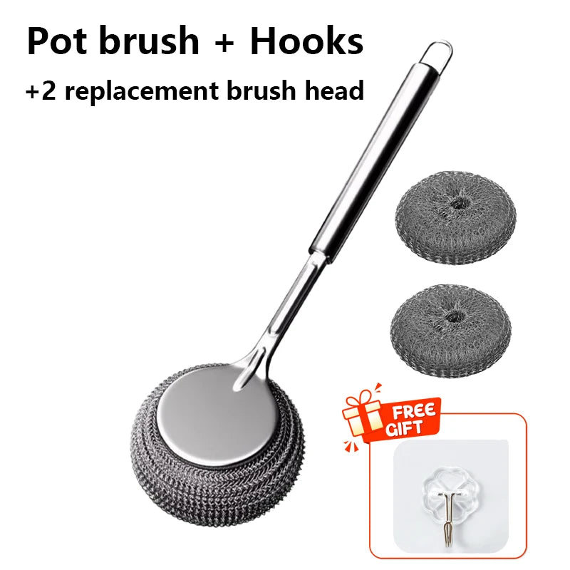 Stainless Steel Pot Brush with Long Handle – Heavy-Duty Dish Scrubber for Pans, Pots & Grills