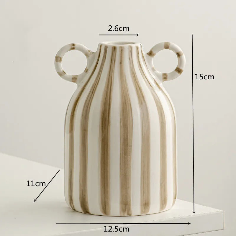 Double Ear Ceramic Vase – Abstract Black & White Striped