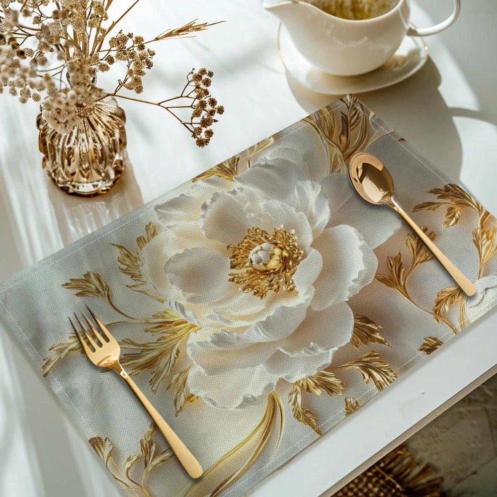 4pcs Elegant Floral Placemats – Rectangular Linen Table Mats, Machine Washable, Heat-Resistant